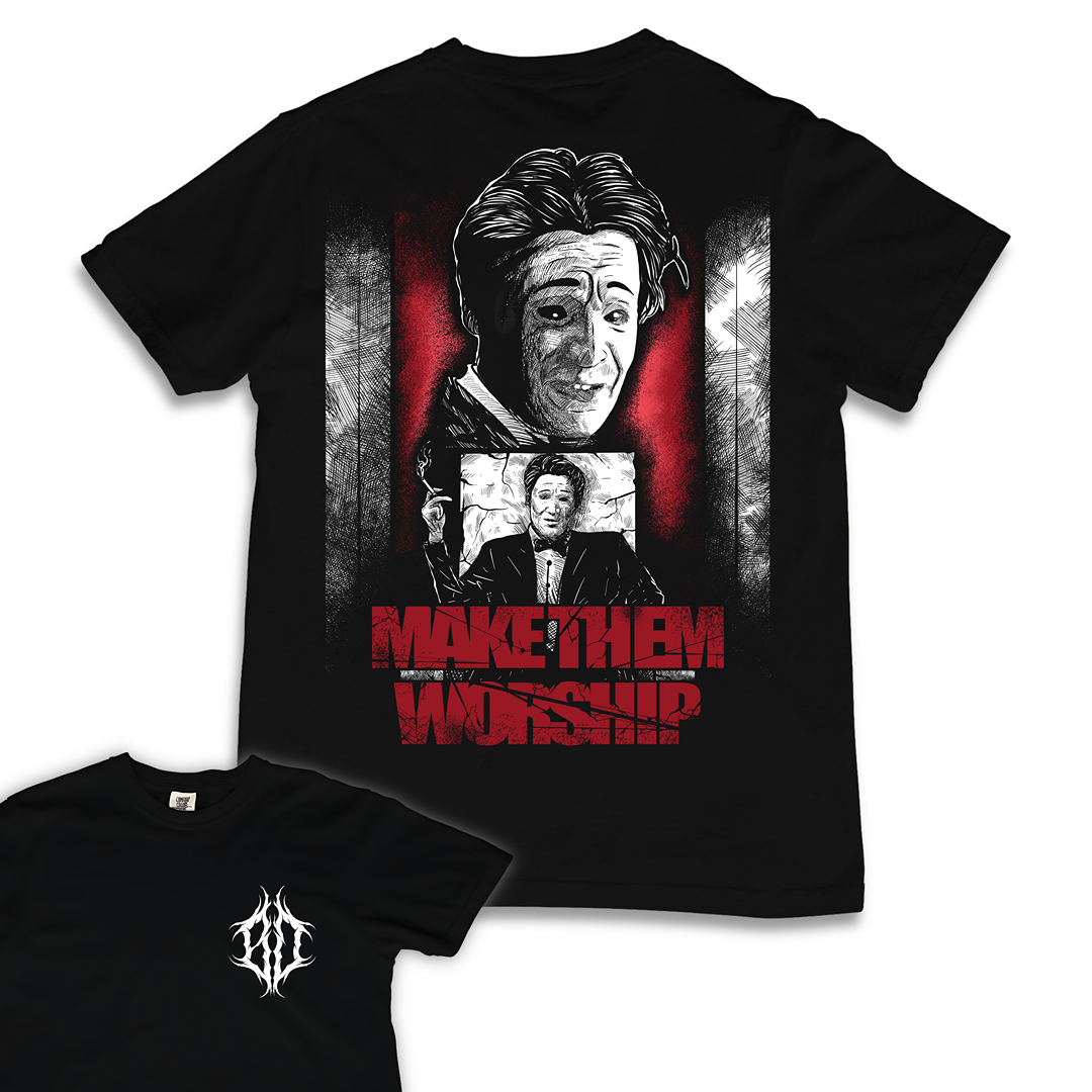 Black t-shirt with graphic design and text 'Make Them Worship' on a white background