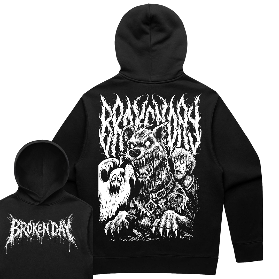 Black hoodie with graphic design and 'Broken Day' text on a white background