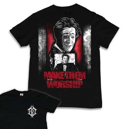 Black t-shirt with graphic design and text 'Make Them Worship' on a white background